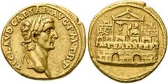 RÖMER RÖMISCHE KAISERZEIT. Claudius, 41 - 54 n. Chr. Aureus ø 20mm (7,57g). 41 - 42 n. Chr. Mzst. Rom. Vs.: TI CLAVD CAESAR AVG P M TR P, Kopf mit Lorbeerkranz n. r. Rs.: Praetorianerkastell mit der A