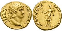 RÖMER RÖMISCHE KAISERZEIT. Nero, 54 - 68 n. Chr. Aureus ø 18mm (7,33g). 63 - 64 n. Chr. Mzst. Rom. Vs.: NERO CAESAR, Kopf mit Lorbeerkranz n. r. Rs.: AVGVSTVS GERMANICVS, Kaiser als togatus mit Strahl