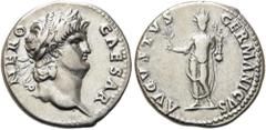 RÖMER RÖMISCHE KAISERZEIT. Nero, 54 - 68 n. Chr. Denar ø 18mm (3,34g). 64 - 66 n. Chr. Mzst. Rom. Vs.: NERO CAESAR, Kopf mit Lorbeerkranz n. r. Rs.: AVGVSTVS GERMANICVS, Kaiser als togatus mit Strahle
