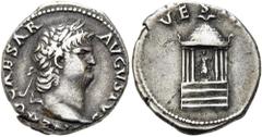 RÖMER RÖMISCHE KAISERZEIT. Nero, 54 - 68 n. Chr. Denar ø 17mm (2,90g). 64 - 66 n. Chr. Mzst. Rom. Vs.: NERO CAESAR AVGVSTVS, Kopf mit Lorbeerkranz n. r. Rs.: VESTA, hexastyler Tempel, darin Sitzstatue