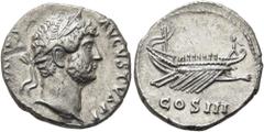 RÖMER RÖMISCHE KAISERZEIT. Hadrian, 117 - 138 n. Chr. Denar ø 18mm (3,67g). 125 - 128 n. Chr. Mzst. Rom. Vs.: [HADRIANVS] AVGVSTVS P P, Kopf mit Lorbeerkranz n. r. Rs.: COS III, Galeere mit Ruderern u