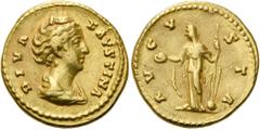 RÖMER RÖMISCHE KAISERZEIT. Diva Faustina maior, ab 140 n. Chr. Aureus ø 19mm (7,25g). 141 - 161 n. Chr. Mzst. Rom. Vs.: DIVA FAVSTINA, drapierte Büste n. r. Rs.: AVGV-STA, Fortuna steht mit Patera u. 