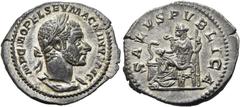 RÖMER RÖMISCHE KAISERZEIT. Macrinus, 217 - 218 n. Chr. Denar ø 20mm (3,23g). Mzst. Rom. Vs.: IMP C M OPEL SEV MACRINVS AVG, Panzerbüste mit Lorbeerkranz n. r. Rs.: SALVS PVBLICA, Salus thront n. l. u.