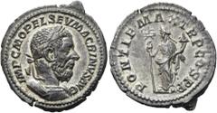 RÖMER RÖMISCHE KAISERZEIT. Macrinus, 217 - 218 n. Chr. Denar ø 22mm (3,10g). Mzst. Rom. Vs.: IMP C M OPEL SEV MACRINVS AVG, Panzerbüste mit Lorbeerkranz n. r. Rs.: PONTIF MAX TR P COS P P, Felicitas s
