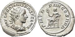 RÖMER RÖMISCHE KAISERZEIT. Gordian III., 238 - 244 n. Chr. Antoninian ø 23mm (2,86g). 241 - 243 n. Chr. Mzst. Rom. Vs.: IMP GORDIANVS PIVS FEL AVG, drapierte Panzerbüste mit Strahlenkranz n. r. Rs.: P