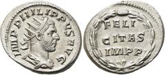 RÖMER RÖMISCHE KAISERZEIT. Philipp I. Arabs, 244 - 249 n. Chr. Antoninian ø 23mm (5,10g). 247 - 249 n. Chr. Mzst. Rom. Vs.: IMP PHILIPPVS AVG, drapierte Panzerbüste mit Strahlenkrone n. r. Rs.: FELI/C