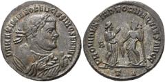 RÖMER RÖMISCHE KAISERZEIT. Maximianus Herculius, 285 - 310 n. Chr. AE Follis ø 27mm (10,43g). 306 n. Chr. Mzst. Ticinum. Vs.: D N MAXIMIANO FELICISSIMO SEN AVG, Konsularbüste mit Lorbeerkranz, Mappa u