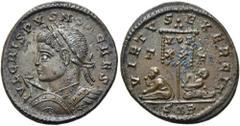 RÖMER RÖMISCHE KAISERZEIT. Crispus, 317 - 326 n. Chr. AE Follis ø 20mm (3,17g). 320 - 321 n. Chr. Mzst. Treveris. Vs.: IVL CRISPVS NOB CAES, Panzerbüste mit Lorbeerkranz, Schild u. Speer n. l. Rs.: VI