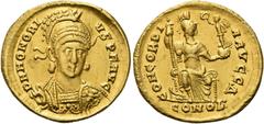 RÖMER RÖMISCHE KAISERZEIT. Honorius, 393 - 423 n. Chr. Solidus ø 20mm (4,37g). 395 - 402 n. Chr. Mzst. Konstantinopel. Vs.: DN HONORI-VS PF AVG, frontale Panzerbüste, Kopf leicht n. r., mit Helm, Perl