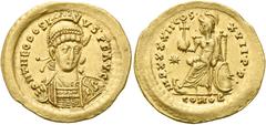 RÖMER RÖMISCHE KAISERZEIT. Theodosius II., 408 - 450 n. Chr. Solidus ø 21mm (4,44g). 443 - 450 n. Chr. Mzst. Konstantinopel. Vs.: D N THEODOSI-VS P F AVG, frontale Panzerbüste, Kopf leicht n. r., mit 