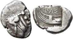 GRIECHEN LYKIEN. PHASELIS. 1/3 Stater ø 17mm (3,42g). ca. 500 - 480 v. Chr. Vs.: Schiffsheck mit Ebervorderteil n. r. Rs.: Schiffs­bug in vertieftem Quadrat n. l., darüber ΦΑΣ. Heipp- Tamer ­ (vgl. Ta