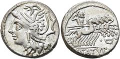 RÖMER RÖMISCHE REPUBLIK. RÖMISCHE REPUBLIK NACH 211 V. CHR. L. Appuleius Saturninus, 104 v. Chr. Denar ø 18mm (3,79g). Mzst. Rom. Vs.: Kopf der Roma n. l. Rs.: L SATVRN, Saturn mit Harpa in Quadriga n