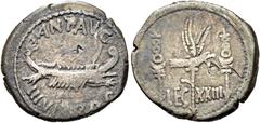 RÖMER RÖMISCHE REPUBLIK. RÖMISCHE REPUBLIK NACH 211 V. CHR. Marcus Antonius, 32 - 31 v. Chr. Denar ø 18mm (3,49g). Mzst. mit Marc Anton ziehend. Vs.: ANT AVG / IIIVIR R P C, Kriegsgaleere n. r. Rs.: L