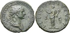 RÖMER RÖMISCHE KAISERZEIT. Trajan, 98 - 117 n. Chr. AE Dupondius ø 27mm (11,68g). 112/3 - 114 n. Chr. Mzst. Rom. Vs.: IMP CAES NERVAE TRAIANO AVG GER DAC P M TR P COS VI P P, Büste mit Strahlenkrone u