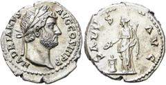 RÖMER RÖMISCHE KAISERZEIT. Hadrian, 117 - 138 n. Chr. Denar ø 17mm (2,96g). 137 - 138 n. Chr. Mzst. Rom. Vs.: HADRIANVS - AVG COS III P P, Kopf mit Lorbeerkranz n. r. Rs.: SALVS - AVG, Salus mit Zepte