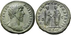 RÖMER RÖMISCHE KAISERZEIT. Lucius Verus, 161 - 169 n. Chr. AE Sesterz ø 32mm (28,24g). 162 n. Chr. Mzst. Rom. Vs.: IMP CAES L AVREL VERVS AVG, Panzerbüste mit Lorbeerkranz n. r. Rs.: CONCORD AVGVSTOR 