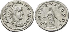 RÖMER RÖMISCHE KAISERZEIT. Philipp II., 247 - 249 n. Chr. Antoninian ø 23mm (4,04g). 249 n. Chr. Mzst. Antiochia. Vs.: IMP M IVL PHILIPPVS AVG, drapierte Panzerbüste mit Strahlenkrone n. r. Rs.: P M T
