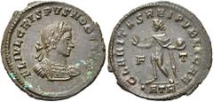 RÖMER RÖMISCHE KAISERZEIT. Crispus, 317 - 326 n. Chr. AE Follis ø 21mm (2,82g). 317 n. Chr. Mzst. Treveris. Vs.: FL IVL CRISPVS NOB CAES, Panzerbüste mit Lorbeerkranz n. r. Rs.: CLARITAS REI PVBLICAE 