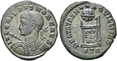 RÖMER RÖMISCHE KAISERZEIT. Crispus, 317 - 326 n. Chr. AE Follis ø 20mm (2,87g). 321 n. Chr. Mzst. Treveri. Vs.: IVL CRISPVS NOB CAES, Panzerbüste mit Lorbeerkranz, Schild u. Lanze n. l. Rs.: BEATA TRA