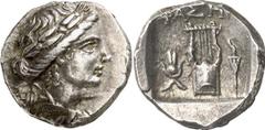GRIECHEN LYKIEN Phaselis Drachme (2,99g). 2. Jh. v. Chr. Vs.: Apollon­kopf mit Lorbeerkranz r. Rs.: ΦΑΣΗ[ΛΙ], Dreifuß zwischen Isiskrone und Fackel. Troxell S. 65. 47. Tönung, ss-vz Estimate: 150 EUR