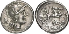 RÖMER RÖMISCHE REPUBLIK L. Caecilius Metellus (Diadematus oder Delmaticus), 128 v. Chr. Denar (3,99g). Mzst. Rom. Vs.: Kopf der Roma mit Greifenhelm n. r., dahinter Stern. Rs.: ROMA, Göttin mit Zepter