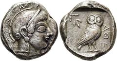 GRIECHEN ATTIKA. ATHEN. Tetradrachme ø 22mm (16,90g). 515 - 500/490 v. Chr. Vs.: Kopf der Athena im attischen Helm mit Helmbusch n. r. Rs.: ΑΘΕ, Eule im Quadratum incusum n. r. stehend, l. oben Ölbaum