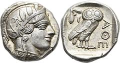 GRIECHEN ATTIKA. ATHEN. Tetradrachme ø 25mm (17,18g). 454 - 404 v. Chr. Vs.: Kopf der Athena mit attischem Helm, der mit drei Lorbeerblättern geschmückt ist, Ohrring und Perlenkette n. r. Rs.: ΑΘΕ, Eu