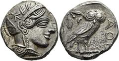 GRIECHEN ATTIKA. ATHEN. Tetradrachme ø 25mm (17,14g). 454 - 404 v. Chr. Vs.: Kopf der Athena mit attischem Helm, der mit drei Lorbeerblättern geschmückt ist, Ohrring und Perlenkette n. r. Rs.: ΑΘΕ, Eu