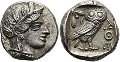 GRIECHEN ATTIKA. ATHEN. Tetradrachme ø 24mm (17,13g). 454 - 404 v. Chr. Vs.: Kopf der Athena mit attischem Helm, der mit drei Lorbeerblättern geschmückt ist, Ohrring und Perlenkette n. r. Rs.: ΑΘΕ, Eu