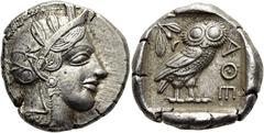 GRIECHEN ATTIKA. ATHEN. Tetradrachme ø 25mm (17,08g). 454 - 404 v. Chr. Vs.: Kopf der Athena mit attischem Helm, der mit drei Lorbeerblättern geschmückt ist, Ohrring und Perlenkette n. r. Rs.: ΑΘΕ, Eu