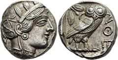 GRIECHEN ATTIKA. ATHEN. Tetradrachme ø 25mm (17,17g). 454 - 404 v. Chr. Vs.: Kopf der Athena mit attischem Helm, der mit drei Lorbeerblättern geschmückt ist, Ohrring und Perlenkette n. r. Rs.: ΑΘΕ, Eu