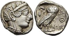 GRIECHEN ATTIKA. ATHEN. Tetradrachme ø 23mm (17,16g). ca. 421 - 365 v. Chr. Vs.: Kopf der Athena mit attischem Helm, der von einem Lorbeerkranz bekrönt wird, n. r. Rs.: AΘE, Eule n. r. stehend, Kopf i
