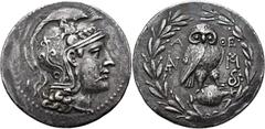 GRIECHEN ATTIKA. ATHEN. Tetradrachme des Neuen Stils ø 24mm (16,50g). 165 - 142 v. Chr. Vs.: Kopf der Athena Parthenos mit reich geschmücktem Helm n. r. Rs.: Α-ΘΕ, Eule auf liegender Amphora sitzend, 