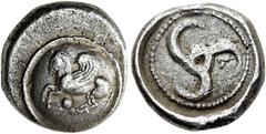 GRIECHEN LYKIEN. DYNASTEN. Khinakha (?). 1/3 Stater ø 14mm (3,13g). ca. 460 - 440 v. Chr. Vs.: N. l. fliegender Pegasos auf Rundschild, darunter Punkt. Rs.: Triskeles in rundem Incusum, darum schmaler