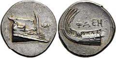 GRIECHEN LYKIEN. PHASELIS. Stater ø 23mm (10,35g). 4. Jh. v. Chr. Vs.: Prora einer Galeere mit Aufbau und Rammsporn n. r. Rs.: ΦΑΣΗ, Heck einer Galeere mit Reling n. r. Heipp-Tamer Serie 6 (ungelistet