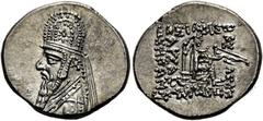 GRIECHEN PARTHER. ARSAKIDEN. Mithradates II., 121 - 91 v. Chr. Drachme ø 19,5mm (4,22g). ca. 96/5 - 93/2 v. Chr. Mzst. Rhagai. Vs.: Drapierte Büste mit Langbart, Tiara (Form V) u. Diadem n. l. Rs.: ΒΑ