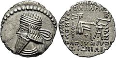 GRIECHEN PARTHER. ARSAKIDEN. Pakoros I., 78 - 120 n. Chr. Drachme ø 18,5mm (3,52g). Mzst. Ekbatana. Vs.: Drapierte Büste mit Langbart u. Diadem n. l. Rs.: ΒΑΣΙΛΕΩΣ / ΒΑΣΙΛΕΩΝ / ΑΡΣ-ΑΚΟΥ / ΦΙΛΟΠΑΤΟΡΟΣ 