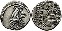 GRIECHEN PARTHER. ARSAKIDEN. Vologases IV., 147 - 191 n. Chr. Drachme ø 19,5mm (3,61g). Mzst. Ekbatana. Vs.: Drapierte Büste mit Langbart, Tiara u. Diadem n. l. Rs.: Verwilderte Legende, Arsakes I. si