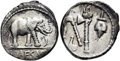 RÖMER RÖMISCHE REPUBLIK. RÖMISCHE REPUBLIK NACH 211 V. CHR. C. Iulius Caesar, 49 - 48 v. Chr. Denar ø 16mm (3,76g). Mzst. in Gallia Narbonensis oder Hispania Citerior. Vs.: CAESAR, Elefant trampelt n.