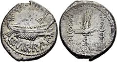 RÖMER RÖMISCHE REPUBLIK. RÖMISCHE REPUBLIK NACH 211 V. CHR. Marcus Antonius, 32 - 31 v. Chr. Denar ø 18mm (3,35g). Mzst. mobil mit Marc Anton ziehend (Patras?). Vs.: ANT AVG / III VIR R P C, Kriegsgal