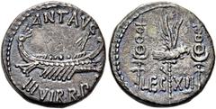RÖMER RÖMISCHE REPUBLIK. RÖMISCHE REPUBLIK NACH 211 V. CHR. Marcus Antonius, 32 - 31 v. Chr. Denar ø 16mm (3,59g). Mzst. mit Marc Anton ziehend. Vs.: ANT AVG / IIIVIR R P C, Kriegsgaleere n. r. Rs.: L