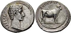RÖMER RÖMISCHE KAISERZEIT. Augustus, 27 v. Chr. - 14 n. Chr. Denar ø 21mm (3,59g). ca. 21 - 20 v. Chr. Mzst. "Samos". Vs.: CAESAR, Kopf n. r. Rs.: AVGVSTVS, Stier n. r. RIC 475 (Samos); BMC 662; C. 28