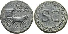 RÖMER RÖMISCHE KAISERZEIT. Livia, 58 v. Chr. - 29 n. Chr. AE Sesterz ø 33mm (28,80g). Geprägt unter Tiberius, 22 - 23 n. Chr. Mzst. Rom. Vs.: S P Q R IVLIAE AVGVST, verzierter Carpentum von zwei Mault