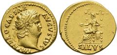 RÖMER RÖMISCHE KAISERZEIT. Nero, 54 - 68 n. Chr. Aureus ø 20mm (7,30g). 66 - 67 n. Chr. Mzst. Rom. Vs.: IMP NERO CAESAR AVGVSTVS, Kopf mit Lorbeerkranz n. r. Rs.: SALVS, Salus mit Patera thront n. l. 