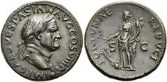 RÖMER RÖMISCHE KAISERZEIT. Vespasian, 69 - 79 n. Chr. AE Dupondius ø 28mm (11,57g). 77 - 78 n. Chr. Mzst. Lugdunum. Vs.: IMP CAES VESPASIAN AVG COS VIII PP, Büste mit Lorbeerkranz u. Globus n. r. Rs.: