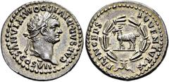 RÖMER RÖMISCHE KAISERZEIT. Domitian als Caesar, 69 - 81 n. Chr. Denar ø 19mm (3,39g). 80 n. Chr., geprägt unter Titus. Mzst. Rom. Vs.: CAESAR DIVI F DOMITIANVS COS VII, Kopf mit Lorbeerkranz n.r. Rs.: