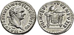 RÖMER RÖMISCHE KAISERZEIT. Domitian als Caesar, 69 - 81 n. Chr. Denar ø 17mm (3,47g). 80 - 81 n. Chr., geprägt unter Titus. Mzst. Rom. Vs.: CAESAR DIVI F DOMITIANVS COS VII, Kopf mit Lorbeerkranz n. r