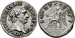 RÖMER RÖMISCHE KAISERZEIT. Trajan, 98 - 117 n. Chr. Denar ø 19mm (3,29g). 98 - 99 n. Chr. Mzst. Rom. Vs.: IMP CAES NERVA TRAIA-N AVG GERM, Kopf mit Lorbeerkranz u. Gewand auf l. Schulter n. r. Rs.: PM