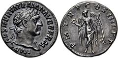 RÖMER RÖMISCHE KAISERZEIT. Trajan, 98 - 117 n. Chr. Denar ø 18mm (2,97g). 102 n. Chr. Mzst. Rom. Vs.: IMP CAES NERVA TRAIAN AVG GERM, Kopf mit Lorbeerkranz u. Gewand auf l. Schulter n. r. Rs.: PM TR P
