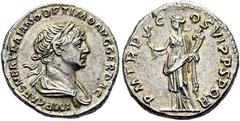 RÖMER RÖMISCHE KAISERZEIT. Trajan, 98 - 117 n. Chr. Denar ø 19mm (3,31g). 114 - 116 n. Chr. Mzst. Rom. Vs.: IMP CAES NER TRAIANO OPTIMO AVG GER DAC, drapierte Büste mit Lorbeerkranz n. r. Rs.: PM TR P